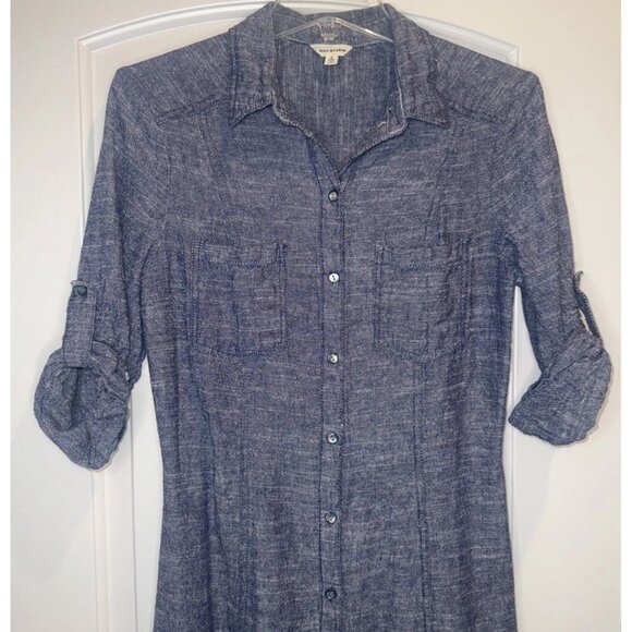 MAX STUDIO Women’s Blue Linen Blend Button Up Roll Tab Sleeve Shirt Dress Sz S - Picture 2 of 7